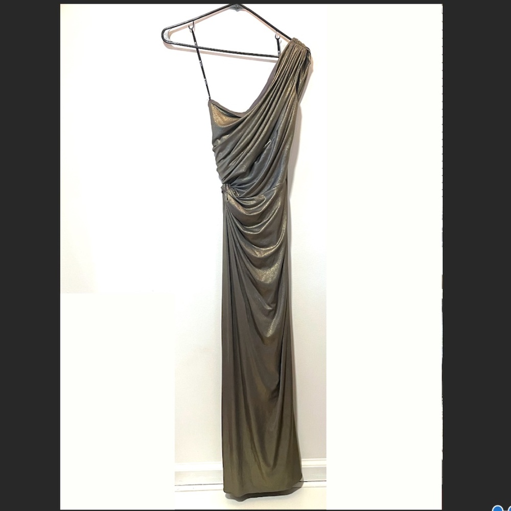 Tadashi Shoji Gold Shimmer One Shoulder Gown size XS -- stretchy material